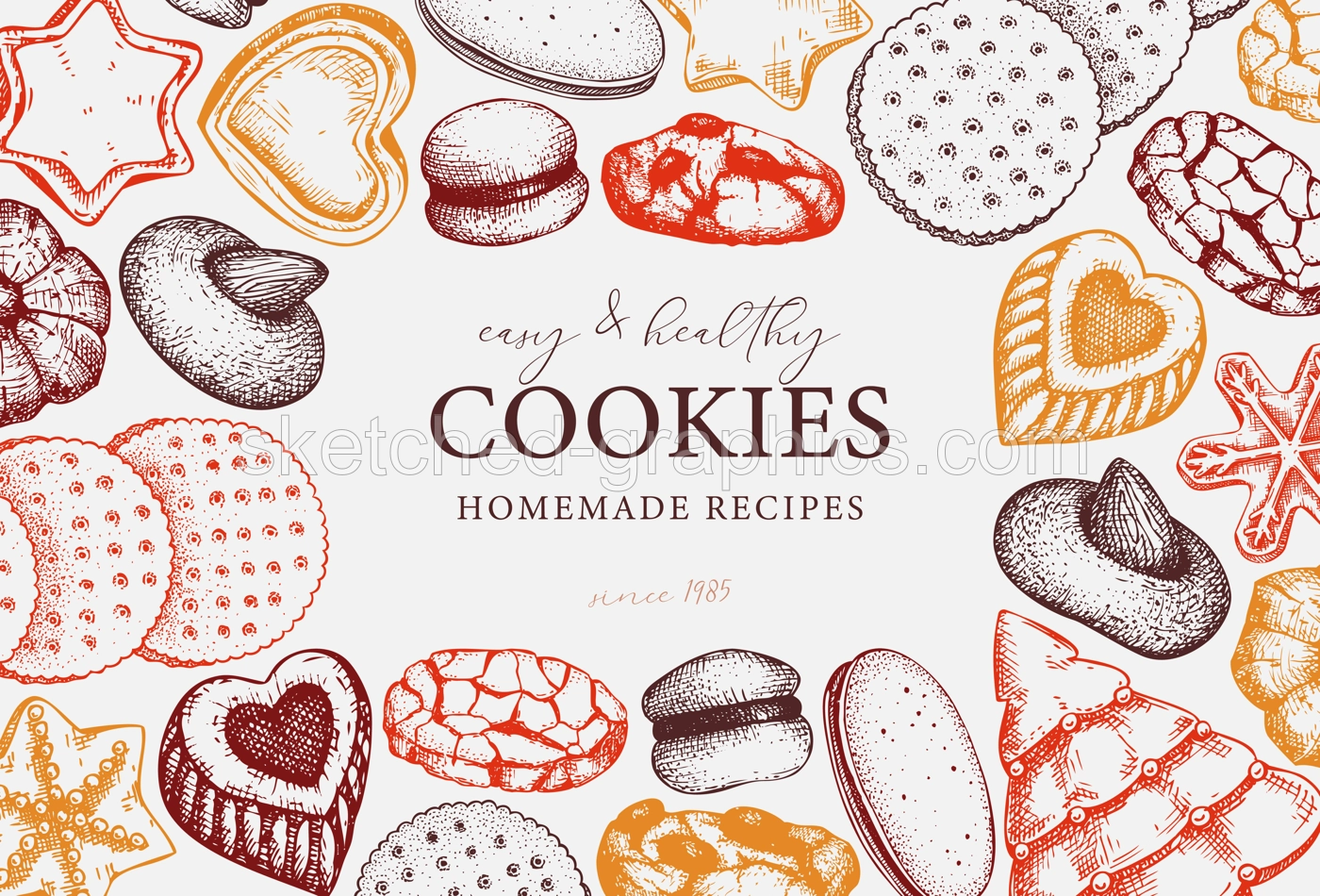 Bakery shop background. Popular cookies vector frame design. Italian pastry sketches. Cookies with almond, chocolate, jam, crackers, chips hand drawn illustrations for logo, print, banner design Illustration